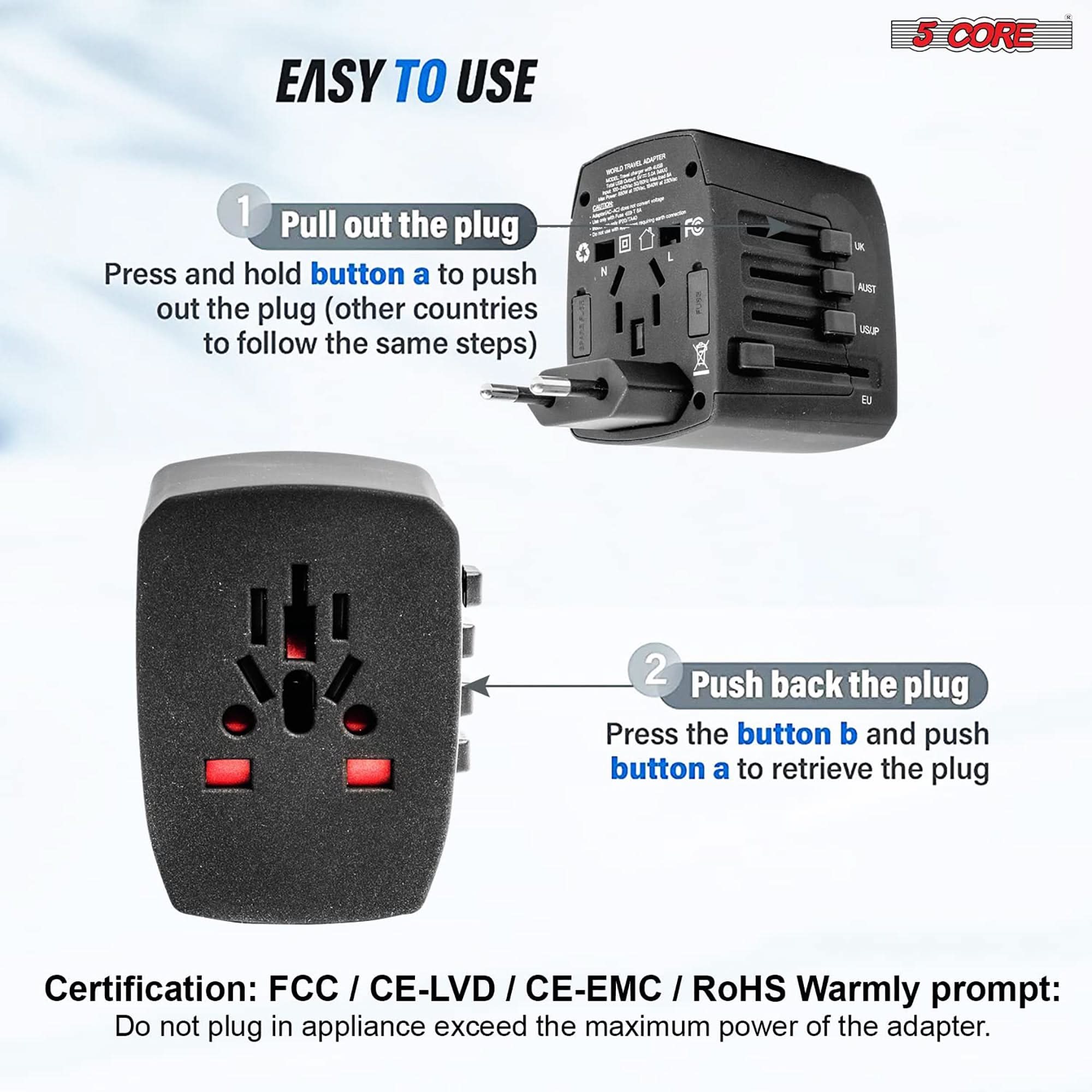 5Core Universal Travel Adapter International Power Plug Adaptor Worldwide Outlet 4 USB Ports Black-1