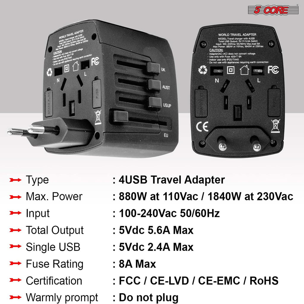 5Core Universal Travel Adapter International Power Plug Adaptor Worldwide Outlet 4 USB Ports Black-2