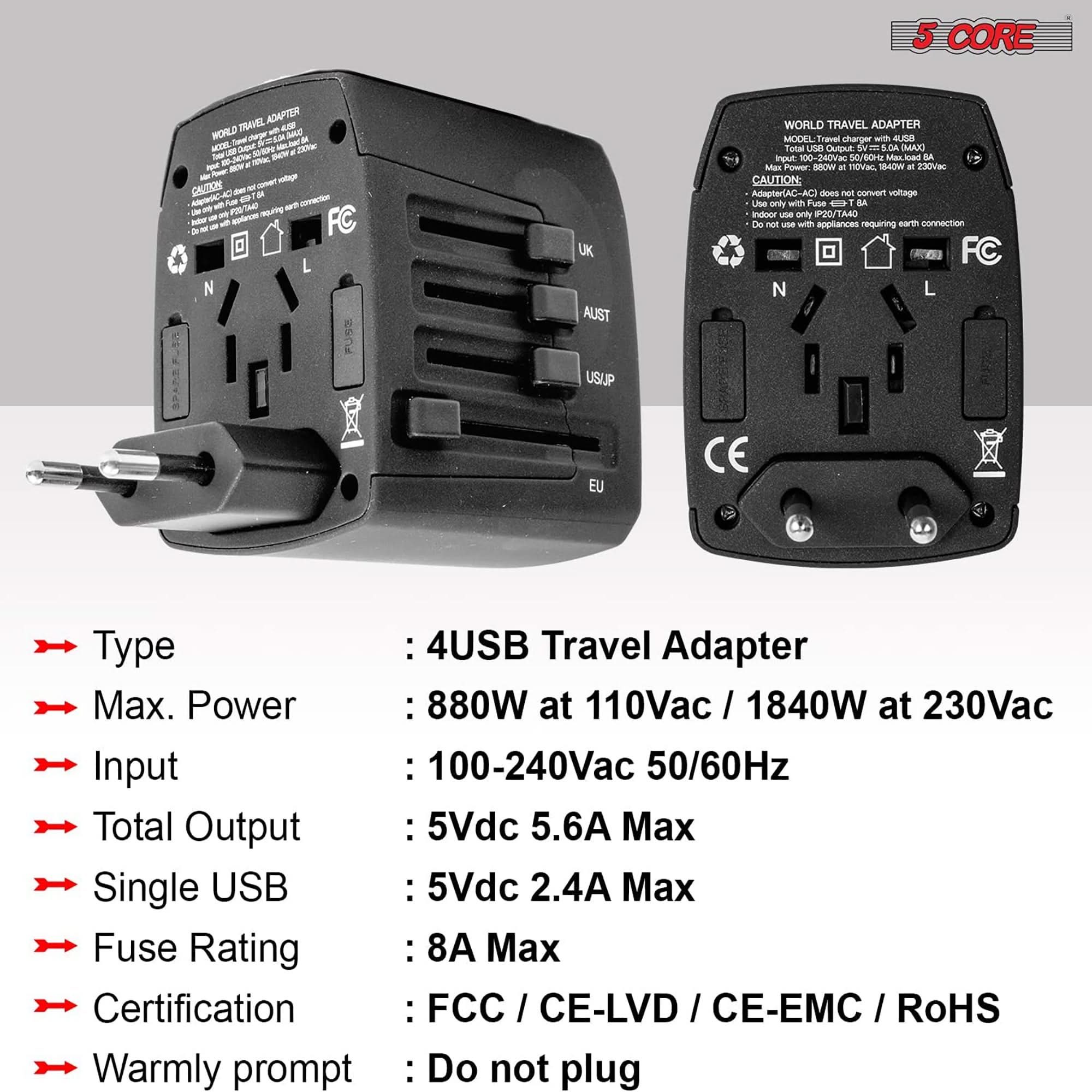 5Core Universal Travel Adapter International Power Plug Adaptor Worldwide Outlet 4 USB Ports Black-2