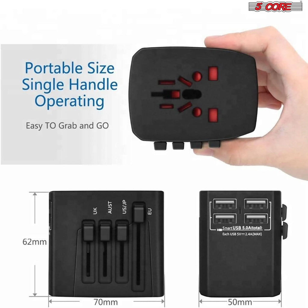 5Core Universal Travel Adapter International Power Plug Adaptor Worldwide Outlet 4 USB Ports Black-3