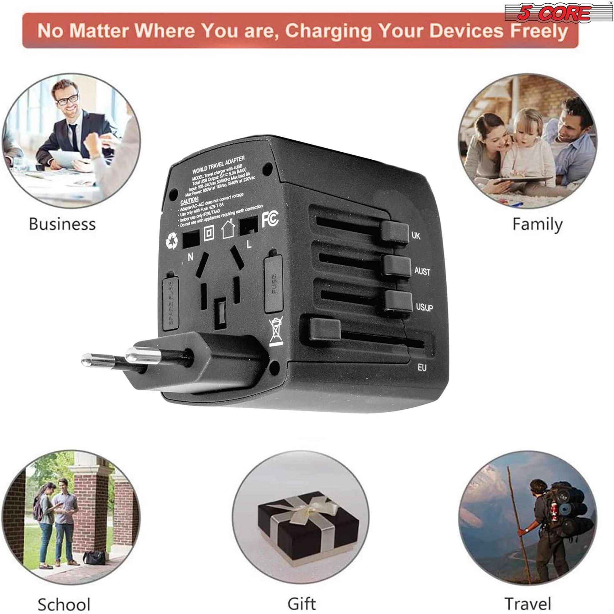 5Core Universal Travel Adapter International Power Plug Adaptor Worldwide Outlet 4 USB Ports Black-4