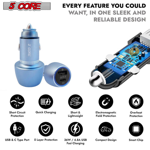 5 Core USB Car Charger Cigarette Lighter Adapter 1 USB 1 Type C Port QC 3.0 36W Fast Charging-1