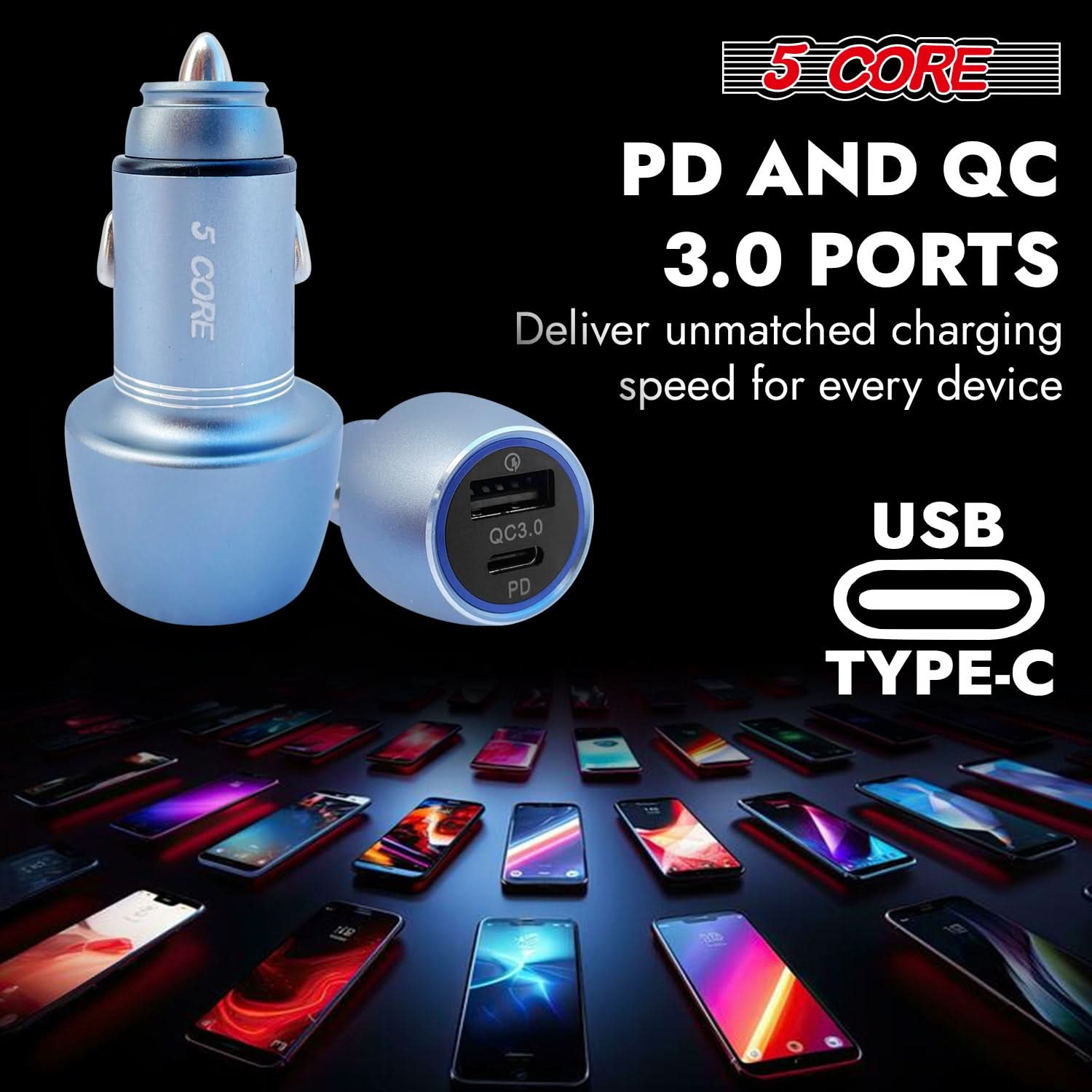 5 Core USB Car Charger Cigarette Lighter Adapter 1 USB 1 Type C Port QC 3.0 36W Fast Charging-2