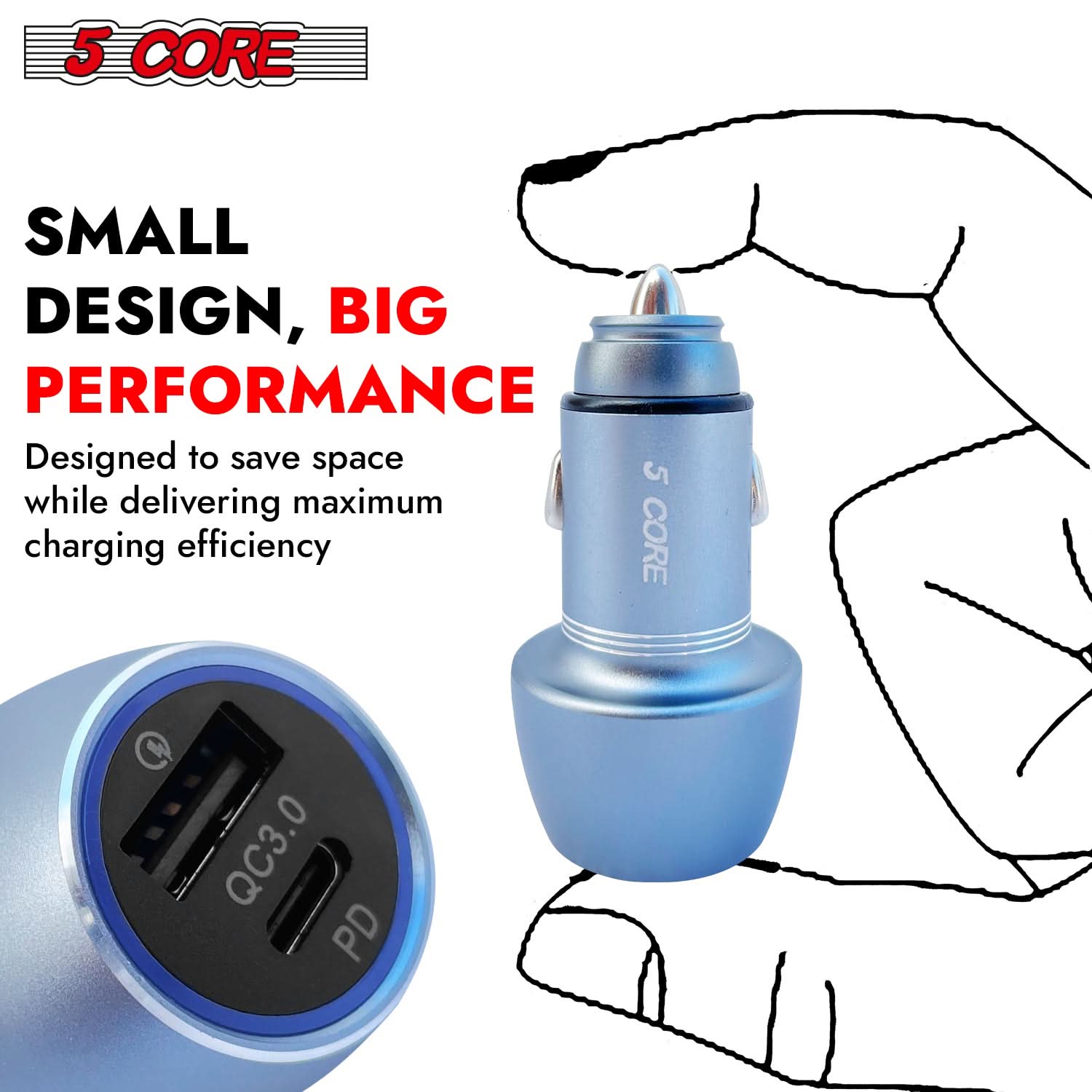 5 Core USB Car Charger Cigarette Lighter Adapter 1 USB 1 Type C Port QC 3.0 36W Fast Charging-3